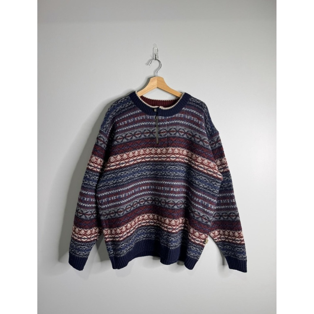 Quest Sweater Mens X-Large Navy Fair Isle Quarter Zip Knit Pullover Made Canada